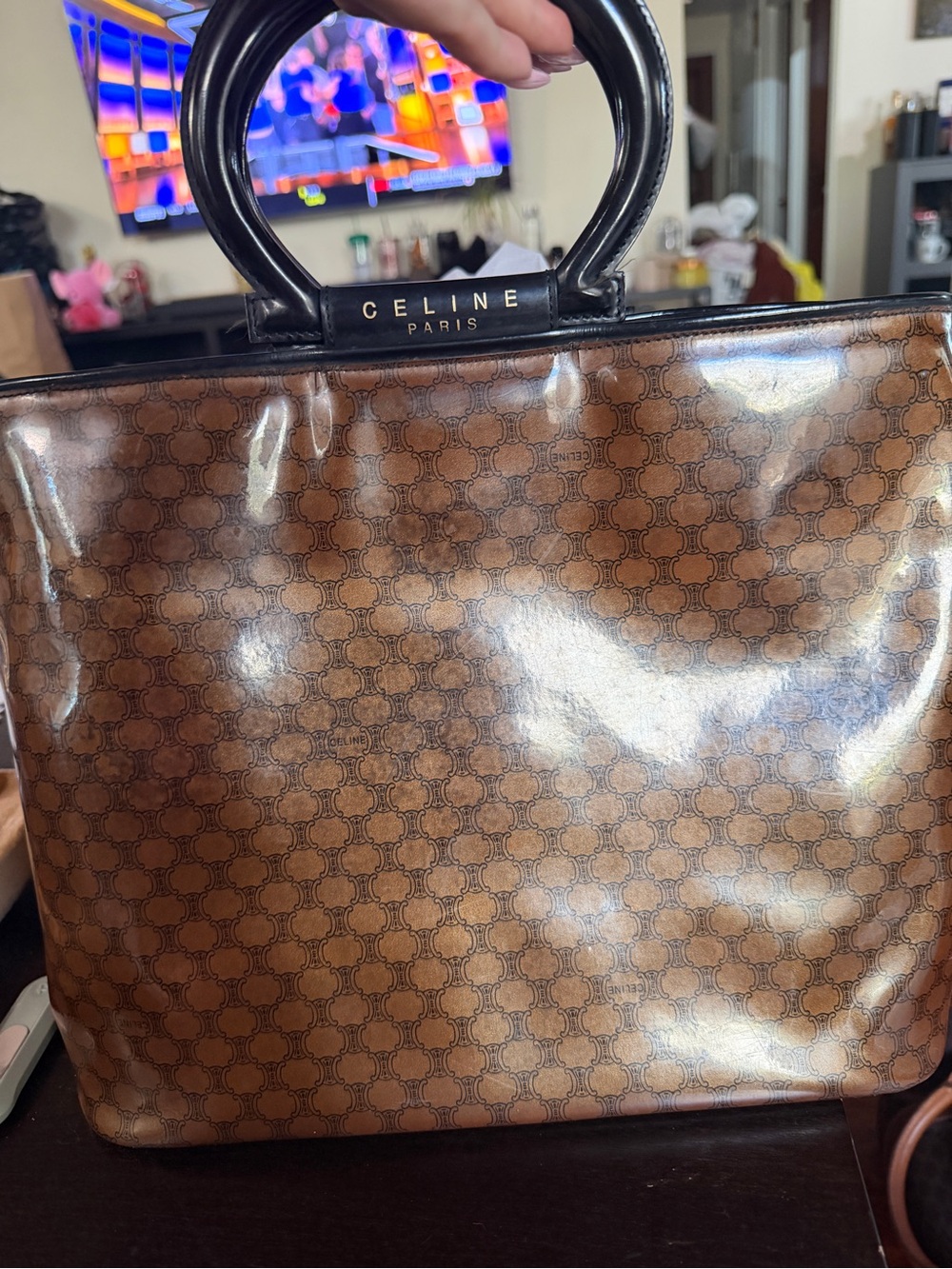 Celine Brown Monogram Patent Tote with Black Handles - Picture 2 of 3